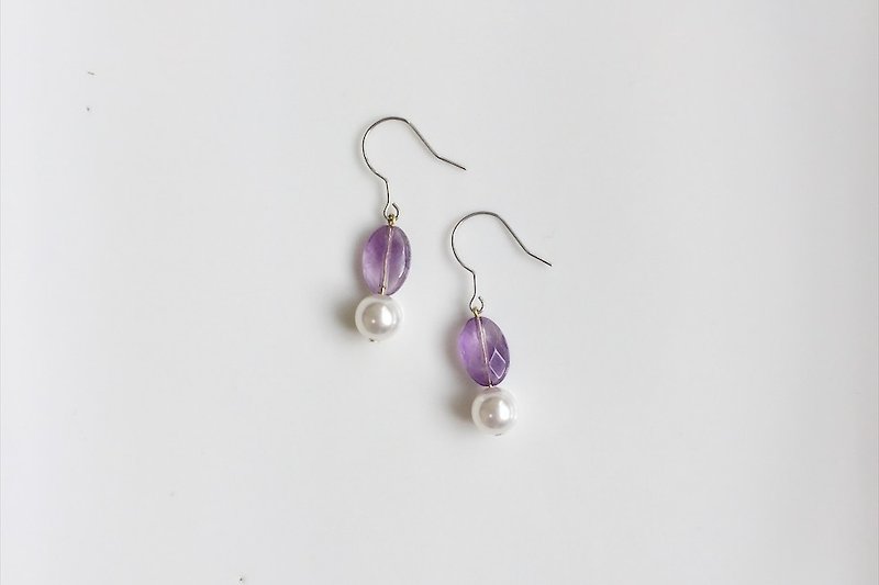 紫水晶珍珠黃銅耳環 - 耳環/耳夾 - 寶石 紫色