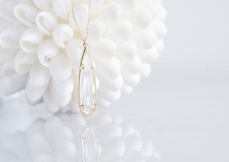 [14KGF] Necklace, Long Teardrop Glass -Crystal- - Necklaces - Glass Gold