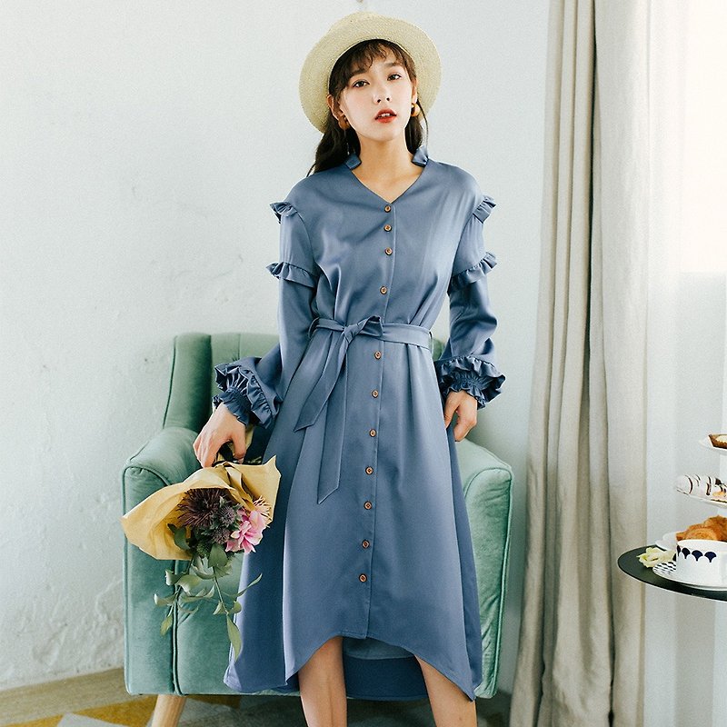 2018秋裝女士新品花邊袖V領長款連身裙洋裝 - 連身裙 - 聚酯纖維 藍色