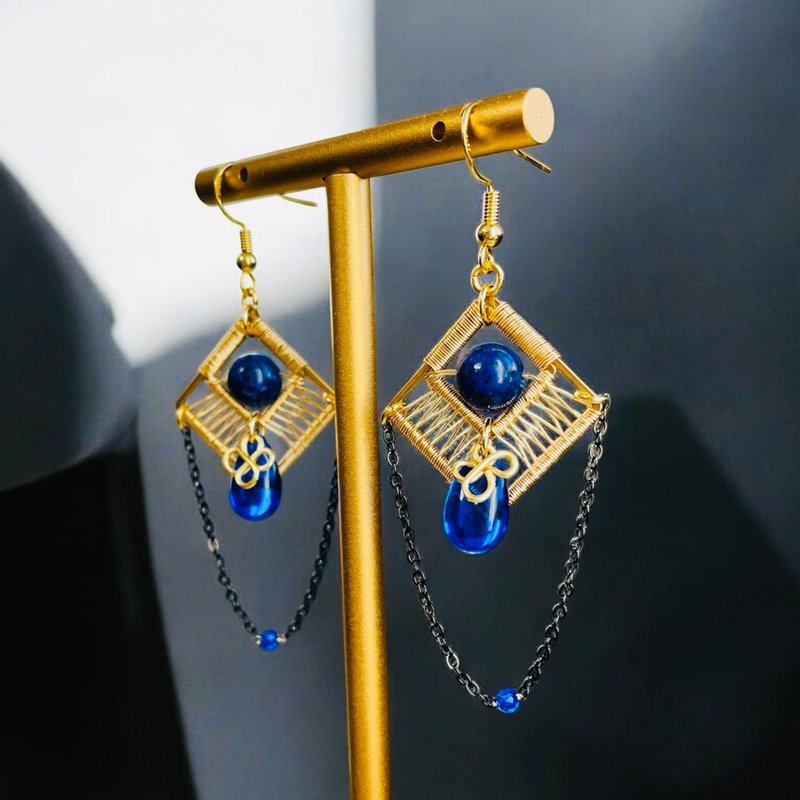 Moonlit blue drops and black chain hook earrings - Earrings & Clip-ons - Other Metals Gold