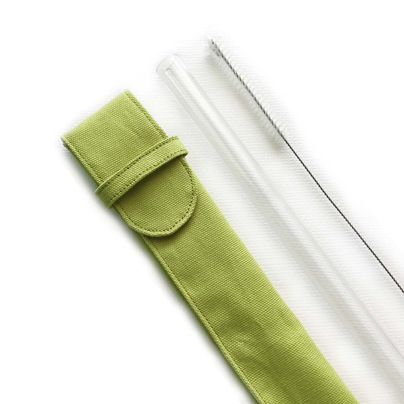 單人有機棉玻璃粗吸管組/蛙蛙綠/可展開/好清洗 - 環保吸管 - 棉．麻 綠色