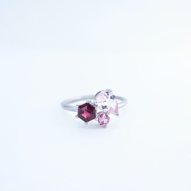 14K White gold Pink Morganite Red Spinel & Pink Sapphire Ring - แหวนทั่วไป - เครื่องเพชรพลอย ขาว