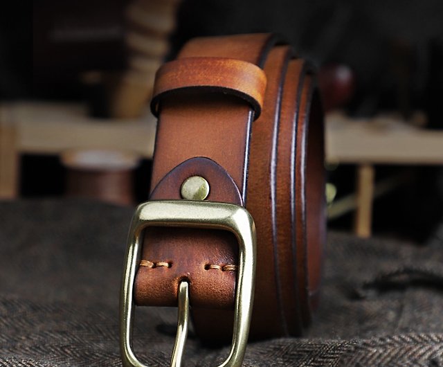 Unisex Genuine Leather Widths 33mm Belt Retro Handmade Copper Buckle Belts  - Shop yaoguo Belts - Pinkoi