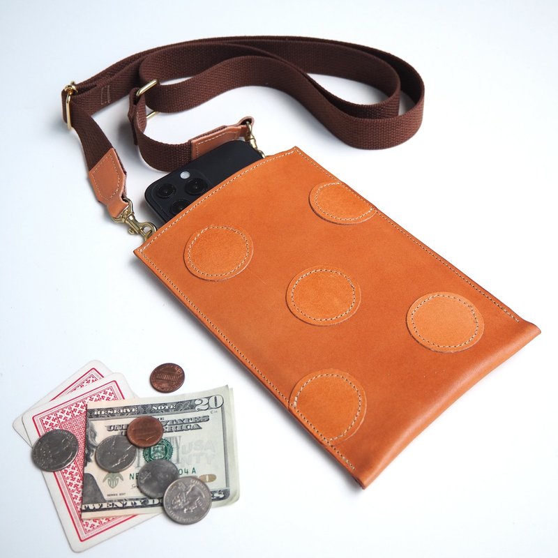 Smartphone pochette / Oil leather polka dot patchwork - Messenger Bags & Sling Bags - Genuine Leather Khaki