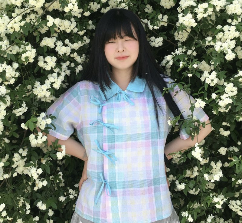 【古早風】森系古著/蝴蝶結寬鬆襯衫 - 女襯衫 - 棉．麻 藍色
