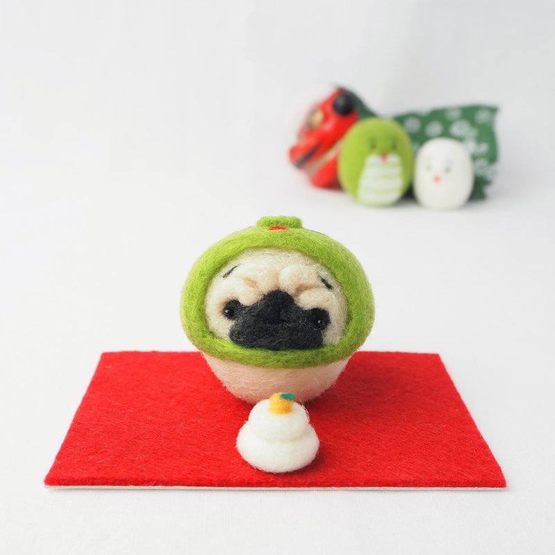 2025 Chinese Zodiac Sign (Snake) Pug as Snake (Fawn, Black) New Year Decoration - Items for Display - Wool Green