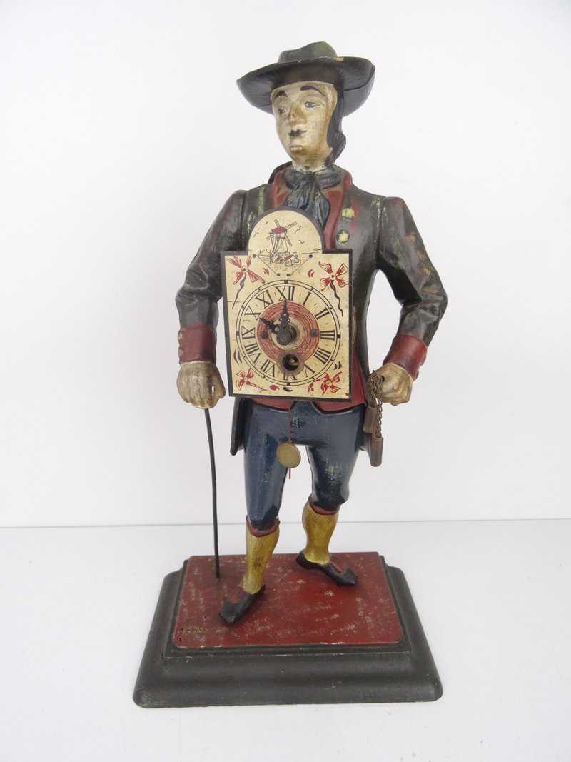 Antique Dutch Figure Mantel Clock – Vintage Old Seller Man Clock - 時鐘/鬧鐘 - 木頭 咖啡色