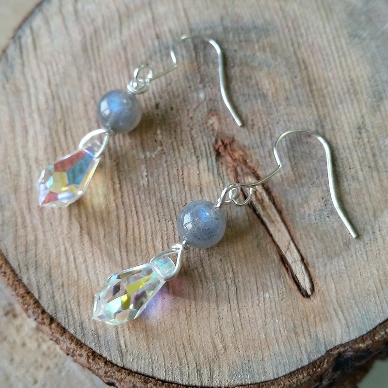 拉長石，施華洛 耳環 Labradorite earring - 耳環/耳夾 - 寶石 藍色