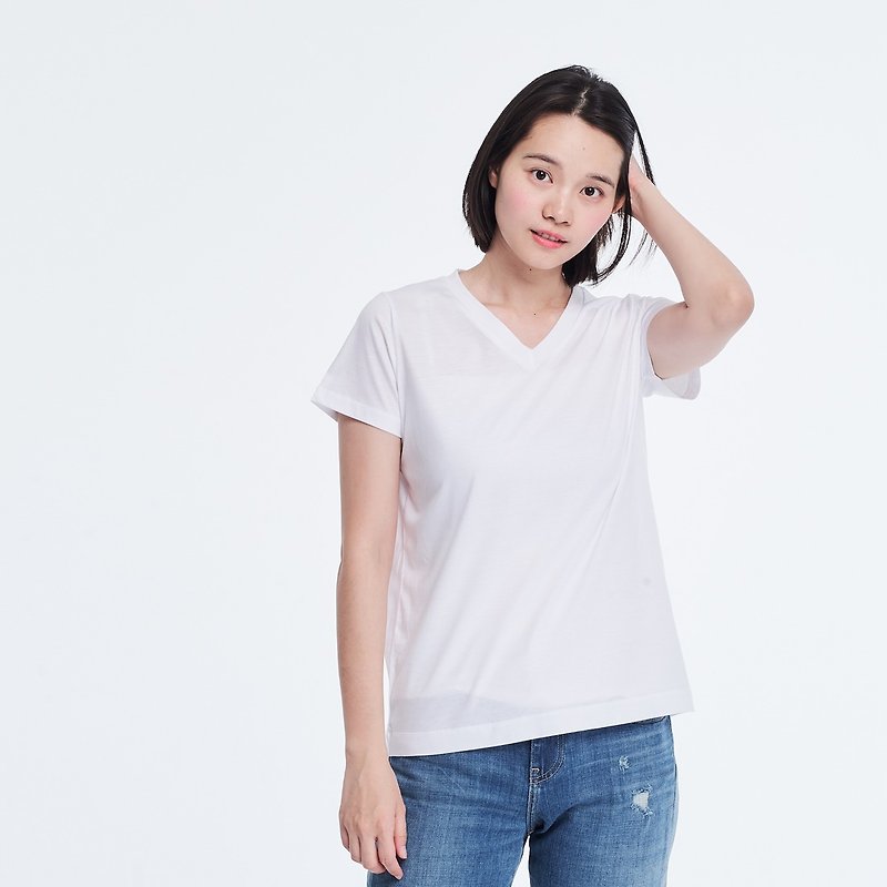 Mercerized Cotton Fabric Short Sleeves V neck T-shirt Top White - เสื้อยืดผู้หญิง - ผ้าฝ้าย/ผ้าลินิน ขาว