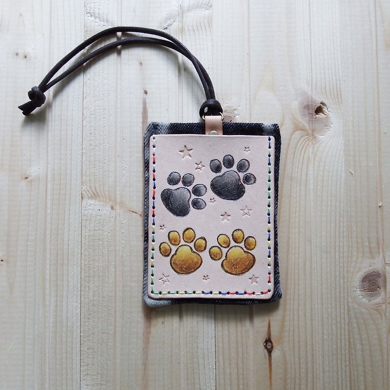 Vegetable tanned leather double-layer ID card holder best partner hair child cat cat dog dog foot YY - ที่ใส่บัตรคล้องคอ - หนังแท้ สีนำ้ตาล