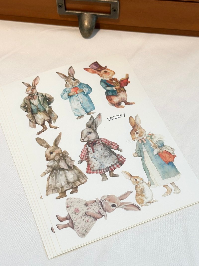 sensiary Vintage rabbit stickers 5p - 卡片/明信片 - 紙 