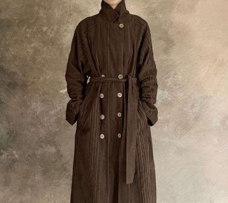 Retro Literary Flower Striped Suit Collar Trench Coat - เสื้อสูท/เสื้อคลุมยาว - วัสดุอื่นๆ 