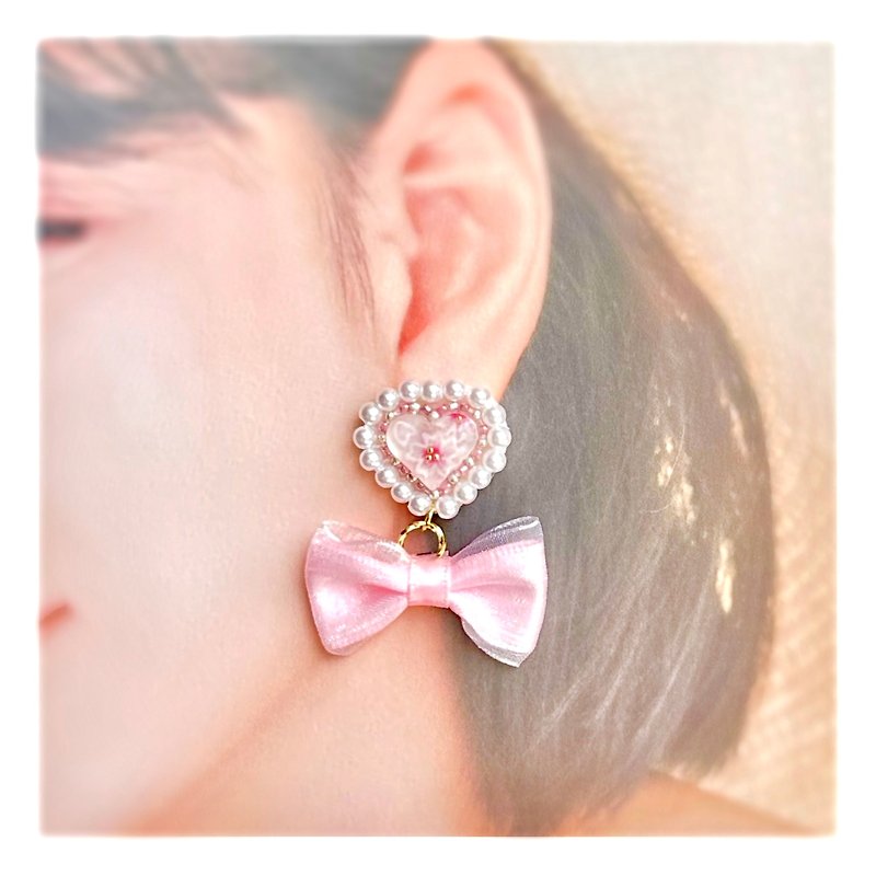 Earrings Princess Sakura Heart - Earrings & Clip-ons - Other Materials Pink