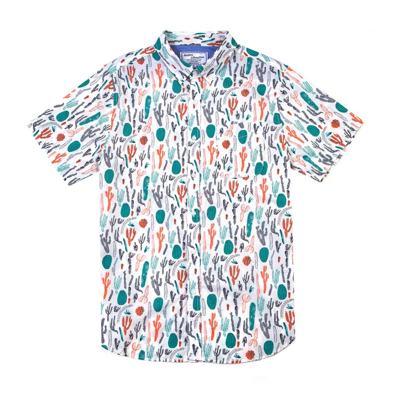 Cactus Print Shirt 仙人掌印花襯衫 - 白色 - 男襯衫/休閒襯衫 - 棉．麻 白色