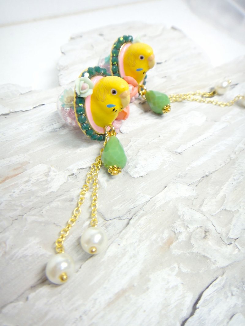 TIMBEE LO yellow budgerigar head earrings with crystal Stone dried flower glass ball earrings sold separately - Earrings & Clip-ons - Other Metals Yellow