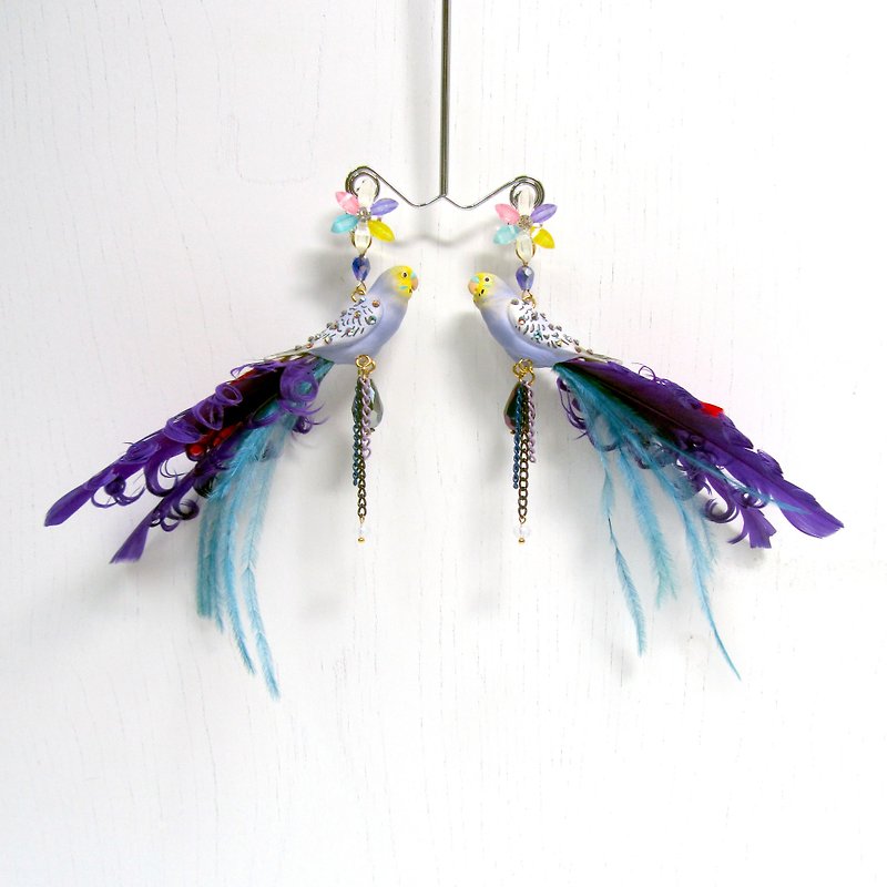 TIMBEE LO long tail feather bird earrings handmade, single for sale - Earrings & Clip-ons - Plastic Multicolor
