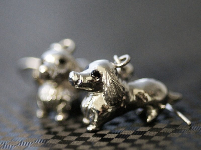 Silver drop earrings with twin dachshunds [Free shipping] Dachshund miniature earrings with long and bushy ears on a cute torso and short legs - Earrings & Clip-ons - Other Metals 