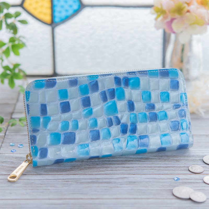 日本製造　牛皮　錢包　 彩色玻璃　天藍　made in JAPAN handmade leather wallet - 錢包/皮夾/長短夾 - 真皮 藍色