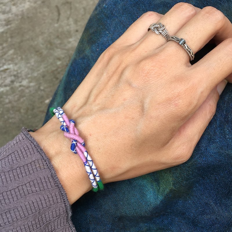 【Lost and find】 Tibetan blessing intertwined pink and green bracelets - Bracelets - Gemstone Green
