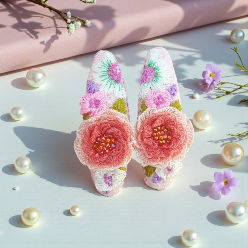 Set of 2 Embroidery Flower Hair Clips, Kids Hair Accessories - Hair Accessories - Linen Pink