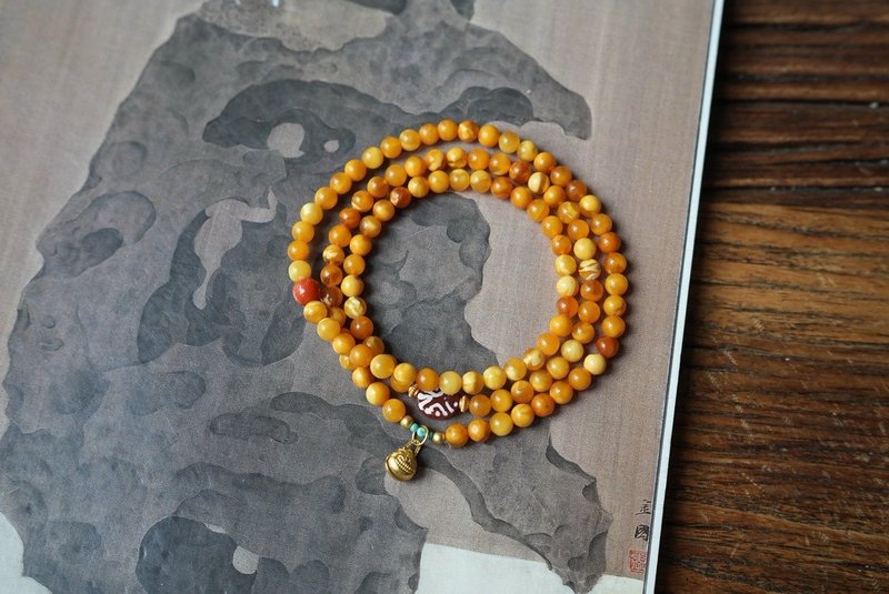 5mm天然蜜蝋 老瑪瑙 古法銀吞金獣 デザイン多連ブレスレット・ネックレスs - ブレスレット - 半貴石 イエロー