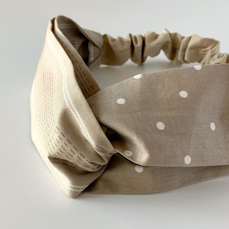 Light brown dotted line water jade dot handmade hairband pure cotton cross hairband breathable earth color elegant - เครื่องประดับผม - ผ้าฝ้าย/ผ้าลินิน สีกากี