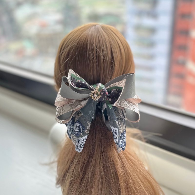 捲邊紗蕾絲蝴蝶結相交夾香蕉夾仙女夾髮夾-黑綠色 - 髮夾/髮圈 - 其他材質 綠色