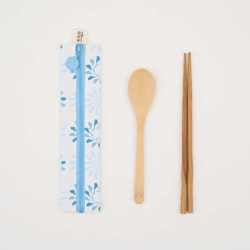 拉鏈餐具袋(含餐具)/烏秋圈圈/晴空藍/鳥語花窗 - 刀叉/湯匙/餐具組 - 棉．麻 藍色