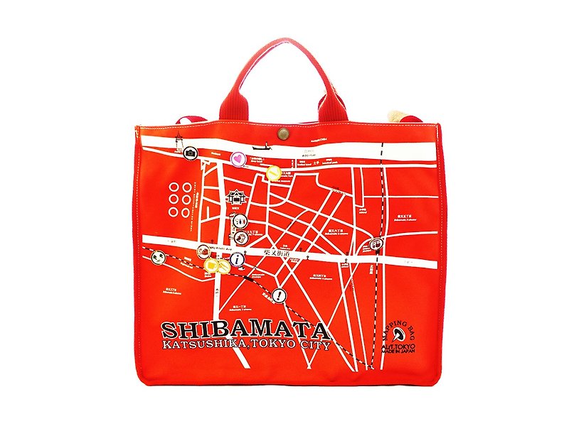 SHIBAMATA MAP BAG - กระเป๋าถือ - ผ้าฝ้าย/ผ้าลินิน สีแดง