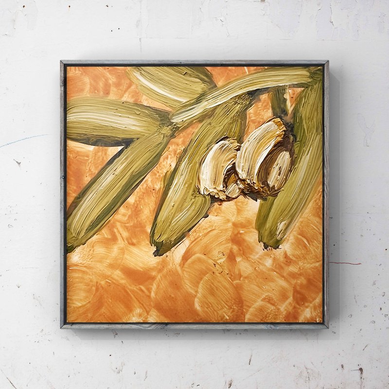 オリーブの木の枝オリジナルの油絵 4 インチ ミニチュア ウォール アート - ポスター・絵 - その他の素材 オレンジ