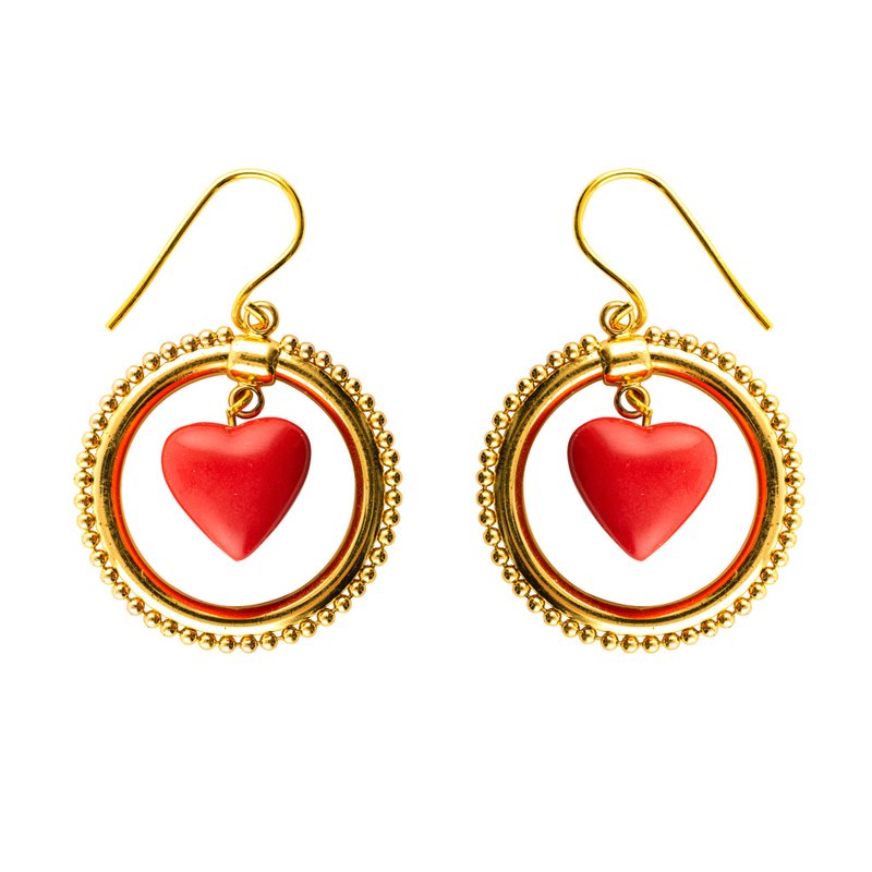 Red heart circle earrings - Premier amour - Earrings & Clip-ons - Pottery Red