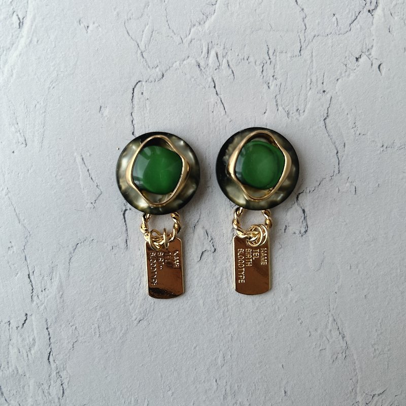 JAPAN Vintage Button Tag Charm Earrings - Earrings & Clip-ons - Other Metals Green