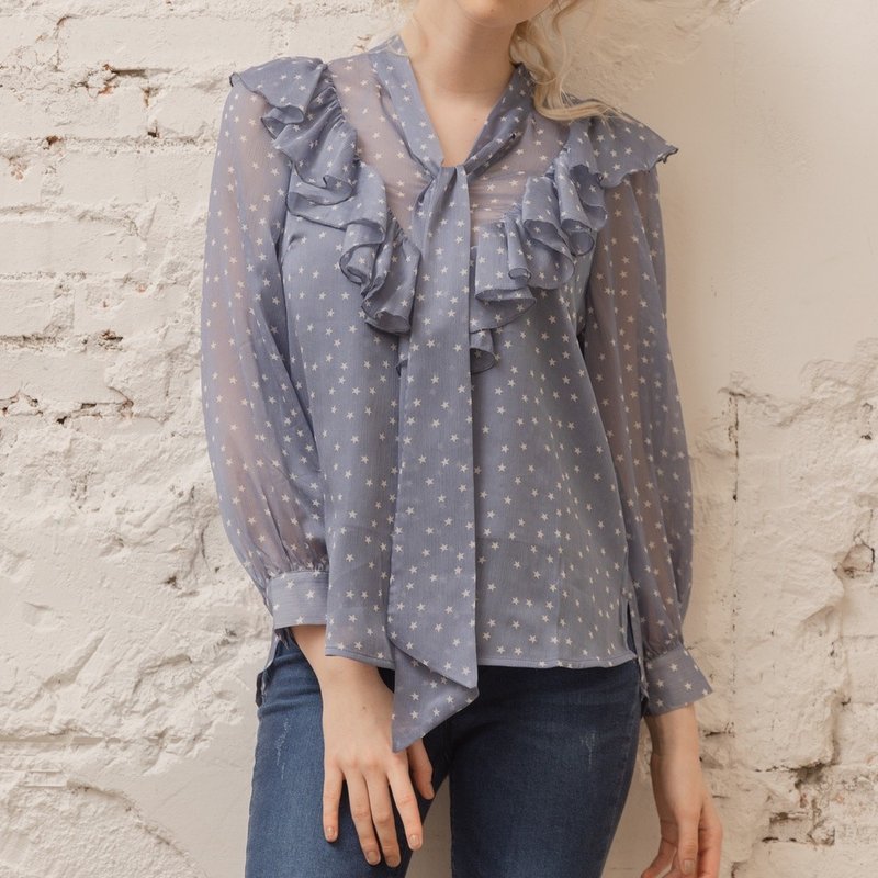 満天の星空小花柄フリルブラウス ブルー - トップス - ポリエステル ブルー