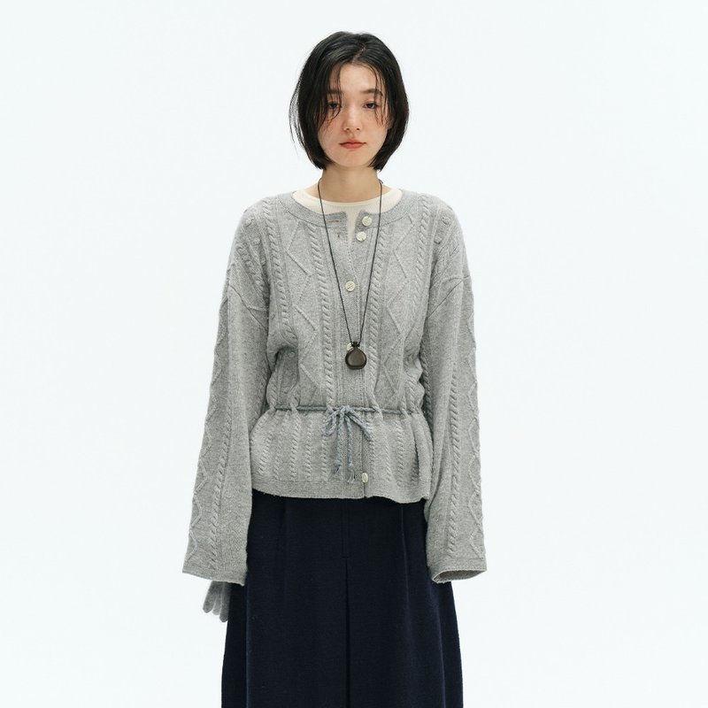 腰繩絞花針織開衫|針織衫|兩色|冬款|Sora-1928 - 女毛衣/針織衫 - 羊毛 多色