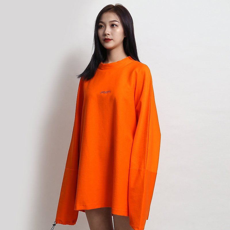 [ionism] micro high collar drawstring long T orange - เสื้อยืดผู้ชาย - ผ้าฝ้าย/ผ้าลินิน สีส้ม