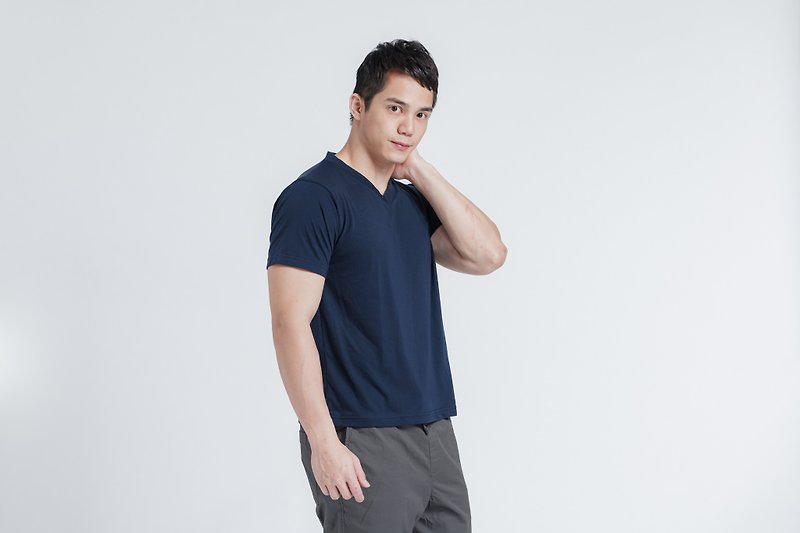 Tencel cotton Silver ion antibacterial navy blue V-neck element T (extremely comfortable) - Men's T-Shirts & Tops - Cotton & Hemp Blue