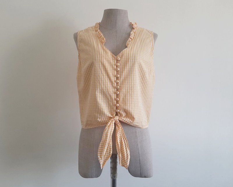 Vintage White Yellow Gingham Crop Top - Women's Tops - Cotton & Hemp Yellow