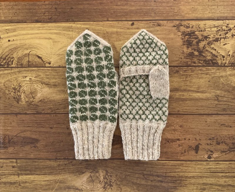 Mittens with Latvian traditional pattern cover Beige x Green - Gloves & Mittens - Wool Khaki