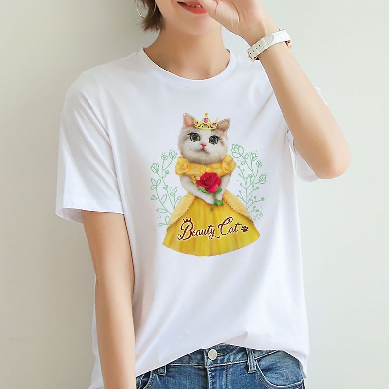 Cat Princess Beauty Cat Short Sleeve Cotton T-Shirt - White - เสื้อยืดผู้หญิง - ผ้าฝ้าย/ผ้าลินิน ขาว