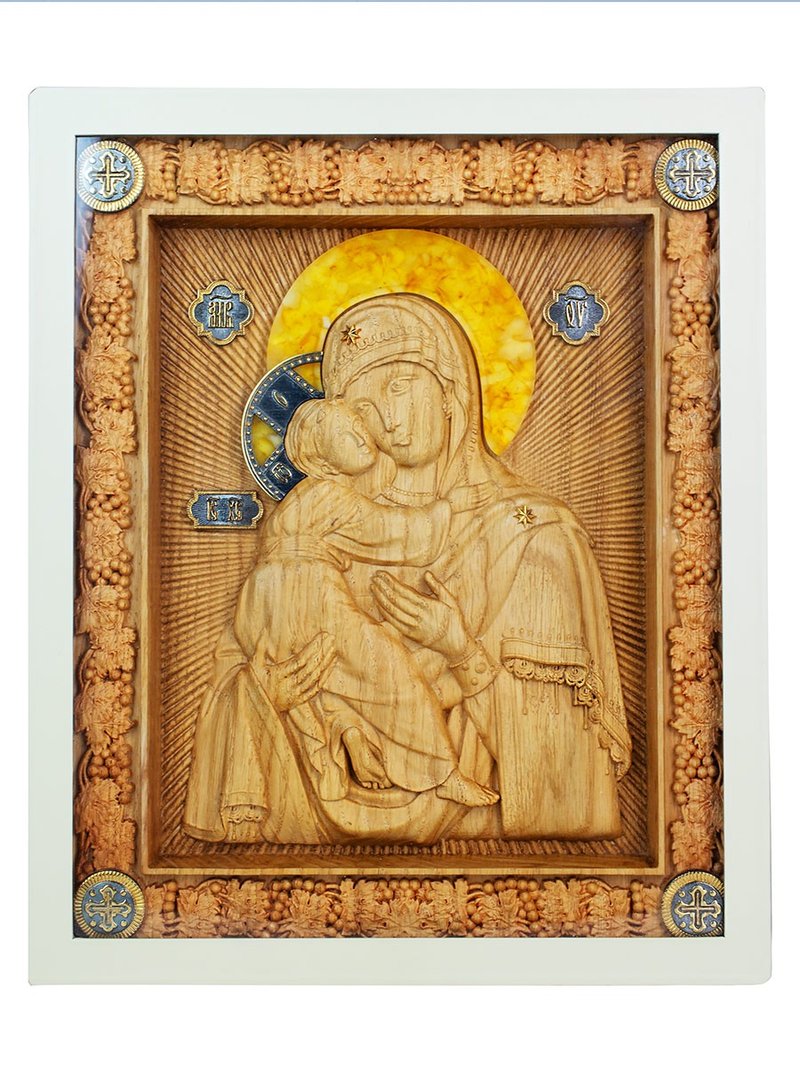 Handmade Wood carved Icon of blessed virgin decorated with amber and silver - 壁貼/牆壁裝飾 - 寶石 咖啡色