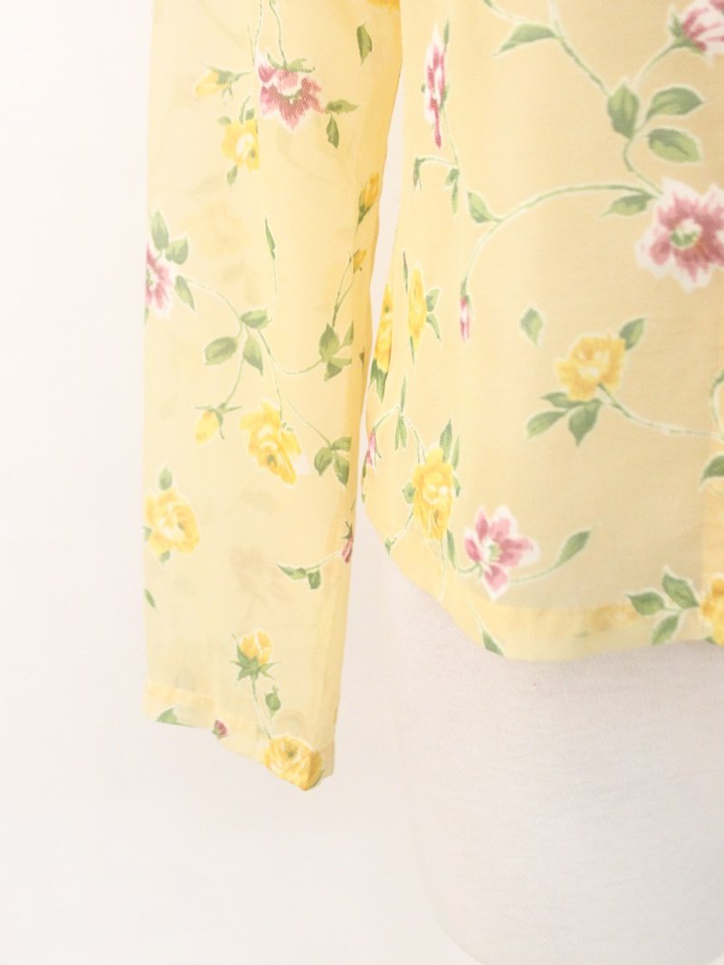 復古日本製浪漫甜美花朵印花薄長袖黃色古著襯衫 Vintage Blouse - 女襯衫 - 聚酯纖維 黃色