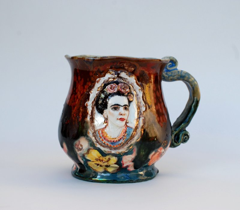 Art mug Frida Bright cup relief Female portrait Designer mug Handmade ceramics - 咖啡杯/馬克杯 - 瓷 多色