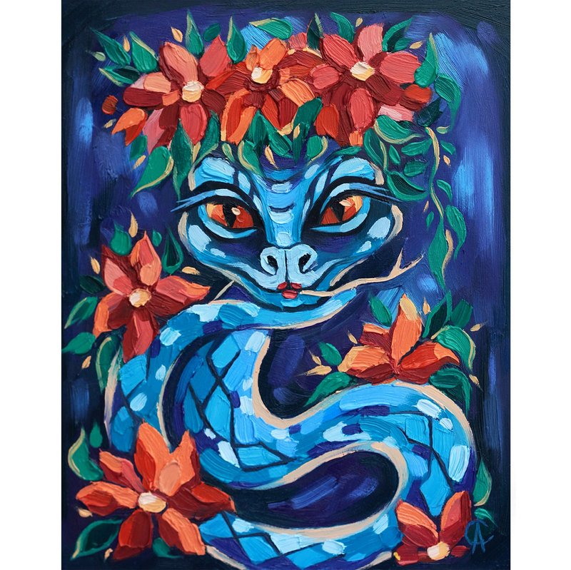 Snake Painting Animal original Art Symbol of the new year 2025 Decor - Posters - Other Materials Blue