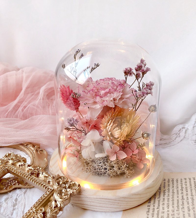 永生花康乃馨玻璃罩夜燈/附禮盒 台中可自取 - 乾燥花/永生花 - 植物．花 粉紅色