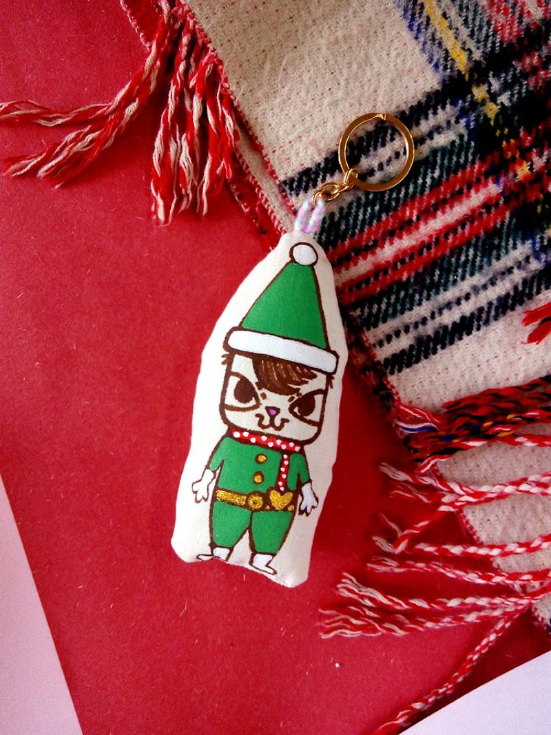 Little Thief Cat Bao Christmas Charm Doll Cotton Cushion Hand-painted Hand-made Custom Keychain - ที่ห้อยกุญแจ - ผ้าฝ้าย/ผ้าลินิน ขาว