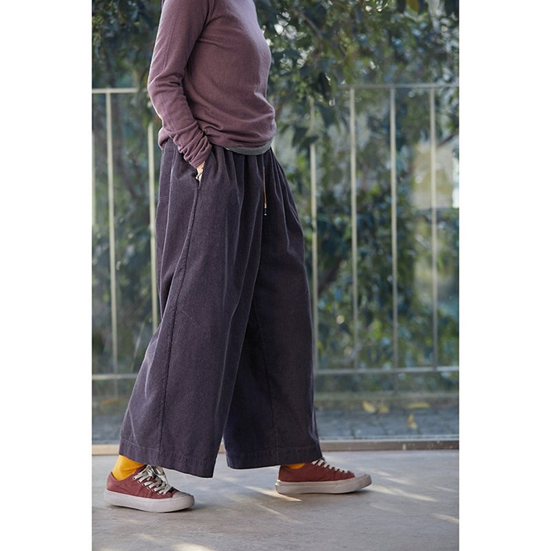 Rattan Gray Purple Elastic Waist Medium Corduroy Carrot Pants - กางเกงขายาว - ผ้าฝ้าย/ผ้าลินิน 