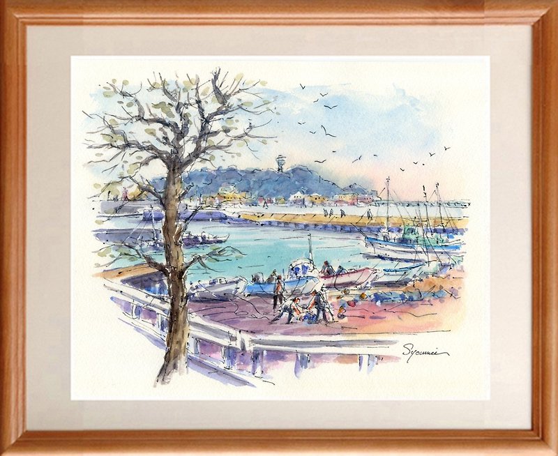 Original watercolor painting Enoshima and Koshigoe fishing port 2 - Posters - Paper Blue