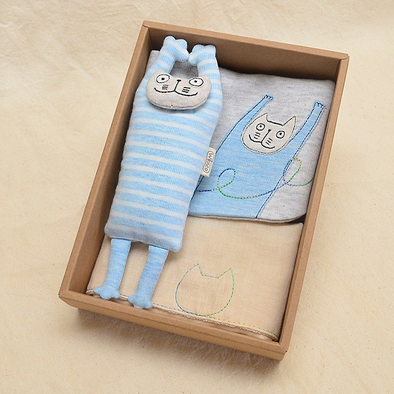 水藍嗨貓 彌月禮盒 - 滿月禮物 - 棉．麻 藍色