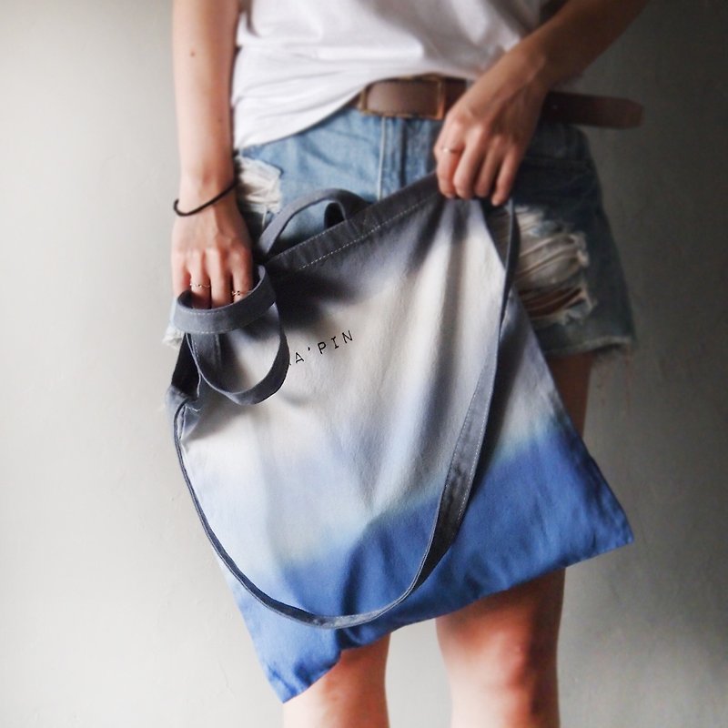 Ma'pin summer stained blue x gray / long + short strap cotton canvas hand dyed Tote bag - Messenger Bags & Sling Bags - Cotton & Hemp Blue