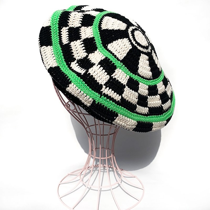 [Crochet Beret] BLACK×OFF Block Check Crochet Beret - Hats & Caps - Cotton & Hemp Black